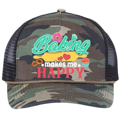 Baking Makes Me Happy Bakers Funny Funny Gift Retro Rope Trucker Hat Cap