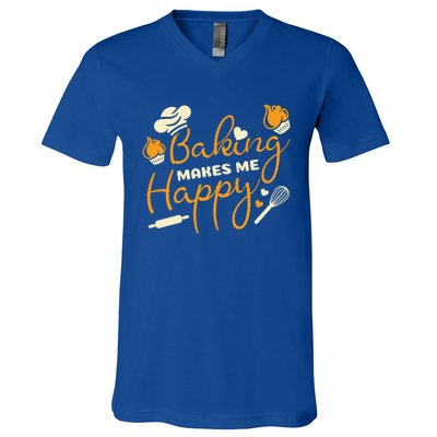 Baking Makes Me Happy Chef Hat Flour Rolling Pin Baking Gift V-Neck T-Shirt