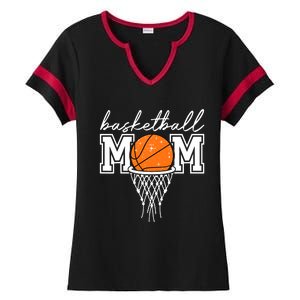 Basketball Mom Mother Leopard Basketball Hoop Net Game Day Ladies Halftime Notch Neck Tee