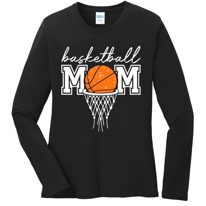 Basketball Mom Mother Leopard Basketball Hoop Net Game Day Ladies Long Sleeve Shirt