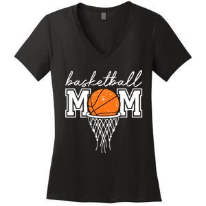 Basketball Mom Mother Leopard Basketball Hoop Net Game Day Women's V-Neck T-Shirt