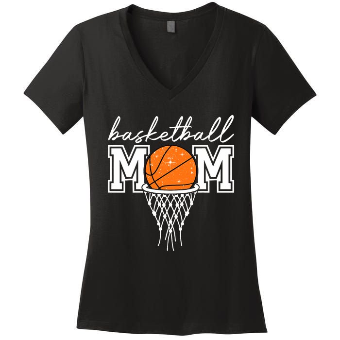 Basketball Mom Mother Leopard Basketball Hoop Net Game Day Women's V-Neck T-Shirt