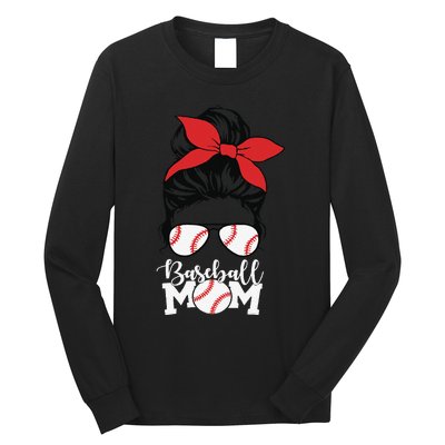 Baseball Mama Messy Bun Base Ball Glasses Mom Long Sleeve Shirt