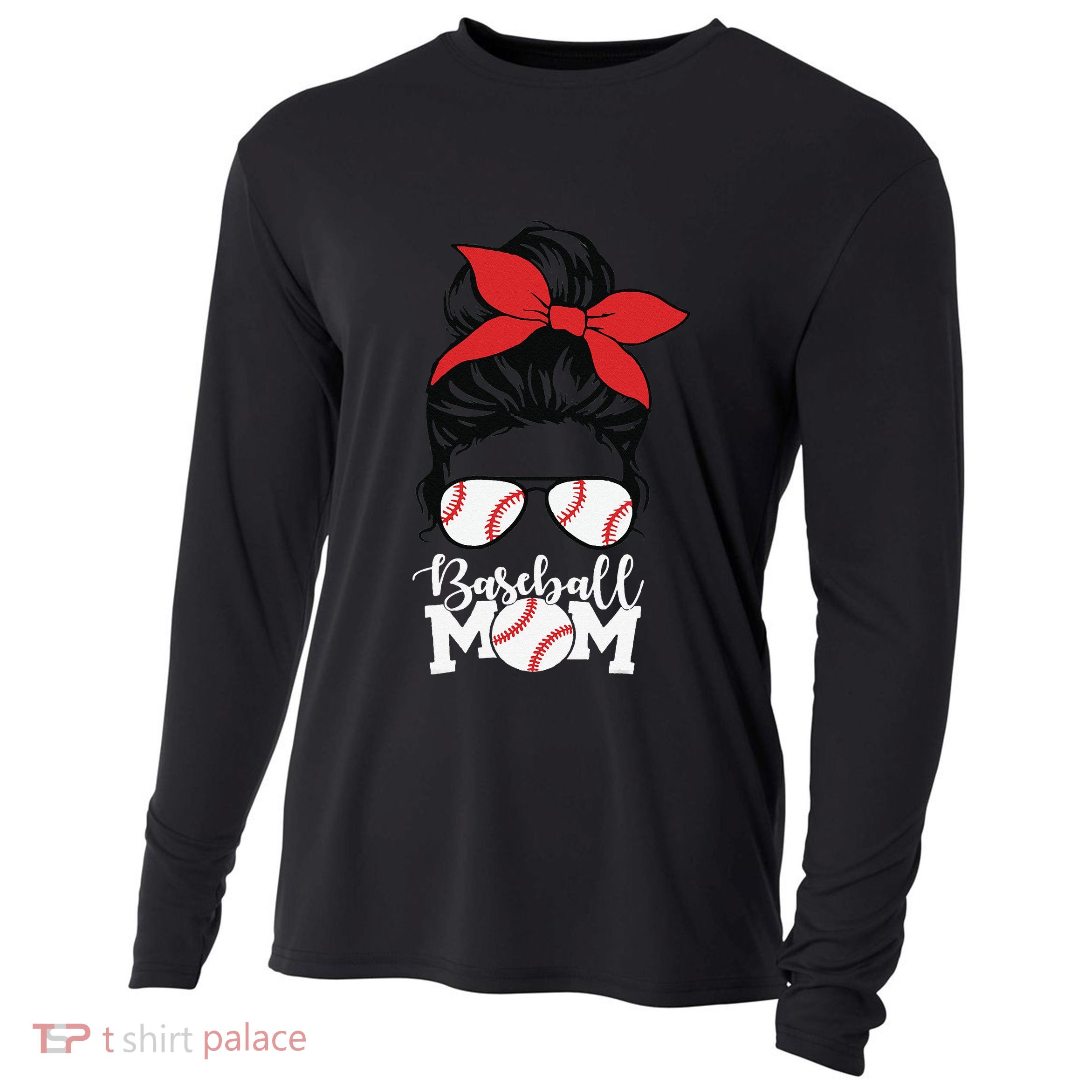 Baseball Mama Messy Bun Base Ball Glasses Mom Cooling Performance Long Sleeve Crew