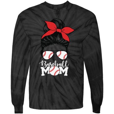 Baseball Mama Messy Bun Base Ball Glasses Mom Tie-Dye Long Sleeve Shirt