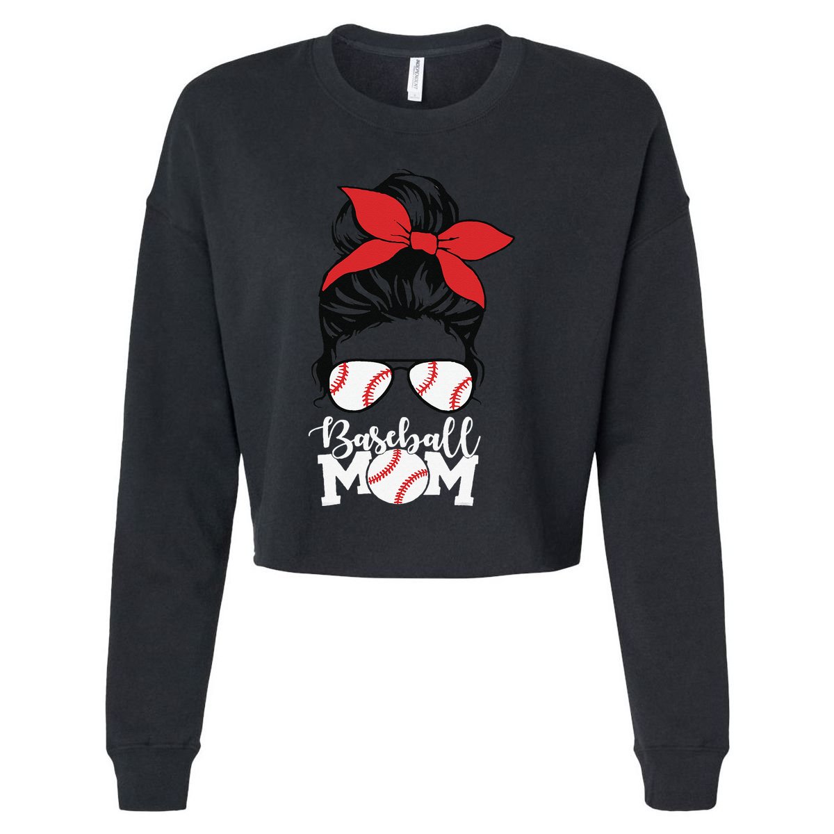 Baseball Mama Messy Bun Base Ball Glasses Mom Cropped Pullover Crew