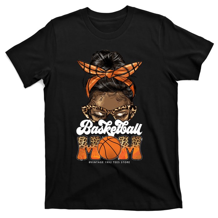 Basketball Mom Messy Bun Black Wo Leopard Mothers Day Long T-Shirt