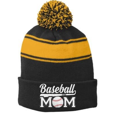 Baseball Mom Mothers Day For Mama Mommy Of Baseball Player Stripe Pom Pom Beanie