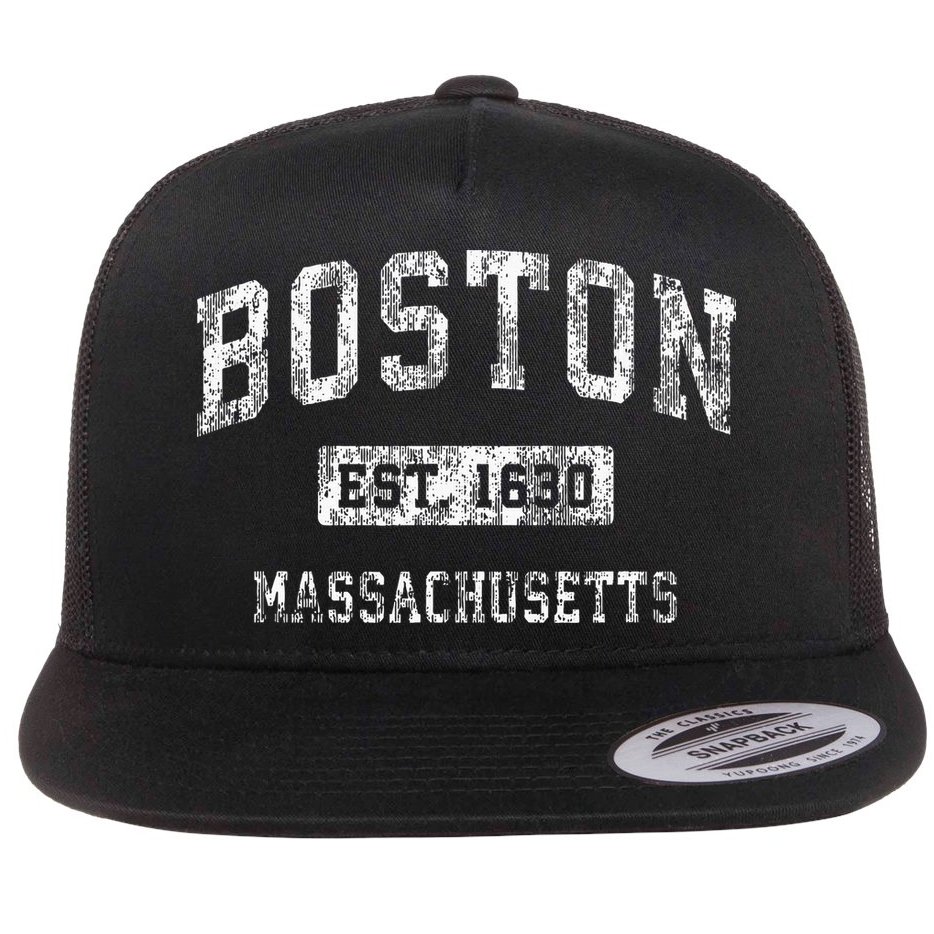 Boston Massachusetts MA Vintage Established Sports Design Flat Bill Trucker Hat