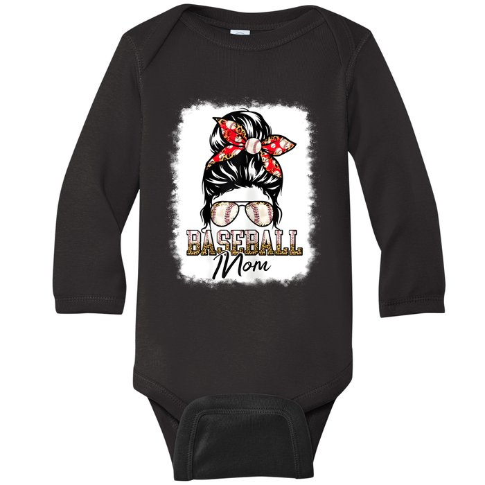 Baseball Mom Messy Bun Mama Baseball Game Day Mothers Day Baby Long Sleeve Bodysuit