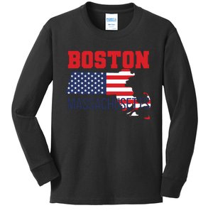 Boston Massachusetts New England Cape Cod Usa Flag Sports Kids Long Sleeve Shirt