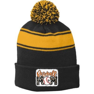 Baseball Mom Orange Leopard Baseball Mama Stripe Pom Pom Beanie