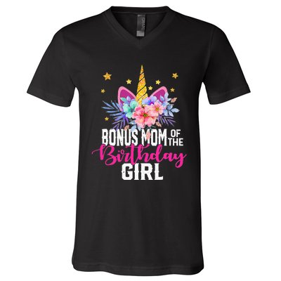 Bonus Mom Of The Birthday Mothers Day Unicorn Birthday V-Neck T-Shirt