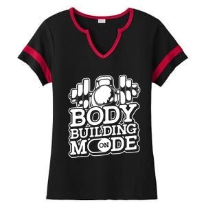 Bodybuilding Mode On Cute Gift Fitness Barbell Workout Bodybuilder Gift Ladies Halftime Notch Neck Tee