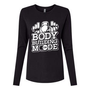 Bodybuilding Mode On Cute Gift Fitness Barbell Workout Bodybuilder Gift Womens Cotton Relaxed Long Sleeve T-Shirt