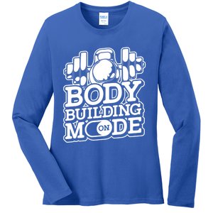 Bodybuilding Mode On Cute Gift Fitness Barbell Workout Bodybuilder Gift Ladies Long Sleeve Shirt