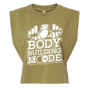 Bodybuilding Mode On Cute Gift Fitness Barbell Workout Bodybuilder Gift Garment-Dyed Women's Muscle Tee