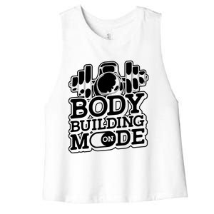 Bodybuilding Mode On Cute Gift Fitness Barbell Workout Bodybuilder Gift Women's Racerback Cropped Tank