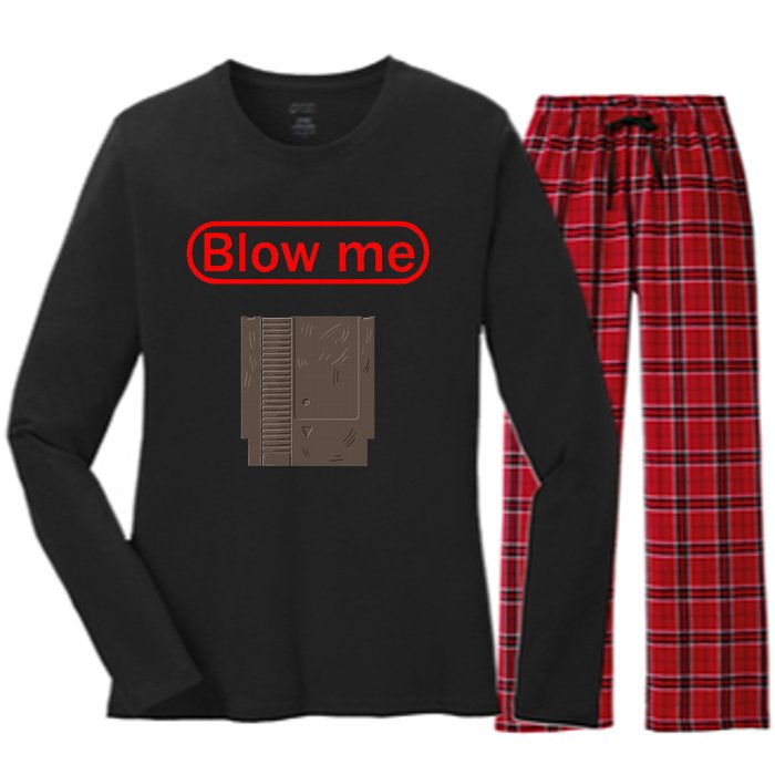 Blow Me Old School Gamer Cartridge Funny Video Gaming Gift Women's Long Sleeve Flannel Pajama Set 