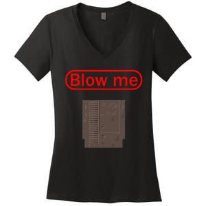 Blow Me Old School Gamer Cartridge Funny Video Gaming Gift Women's V-Neck T-Shirt