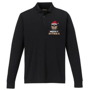 Backprint Merry Pitmas Pitbull Christmas Hat Gift Performance Long Sleeve Polo