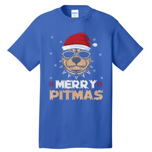 Backprint Merry Pitmas Pitbull Christmas Hat Gift Tall T-Shirt