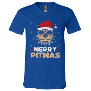 Backprint Merry Pitmas Pitbull Christmas Hat Gift V-Neck T-Shirt