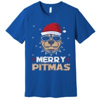 Backprint Merry Pitmas Pitbull Christmas Hat Gift Premium T-Shirt