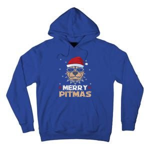 Backprint Merry Pitmas Pitbull Christmas Hat Gift Tall Hoodie