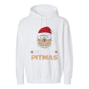 Backprint Merry Pitmas Pitbull Christmas Hat Gift Garment-Dyed Fleece Hoodie