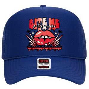 Bite Me Please Halloween Vampire Scary Halloween Costume Gift High Crown Mesh Back Trucker Hat