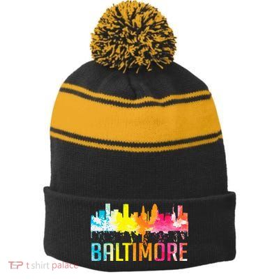 Baltimore Maryland Retro Watercolor Skyline Art Souvenir Stripe Pom Pom Beanie