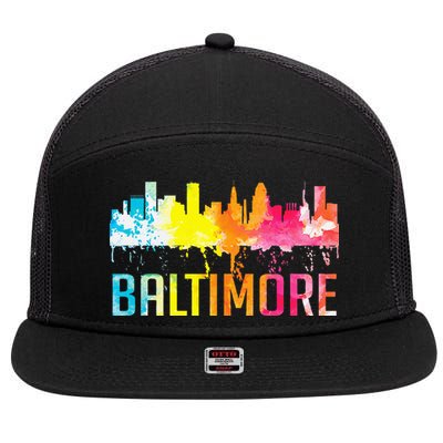Baltimore Maryland Retro Watercolor Skyline Art Souvenir 7 Panel Mesh Trucker Snapback Hat