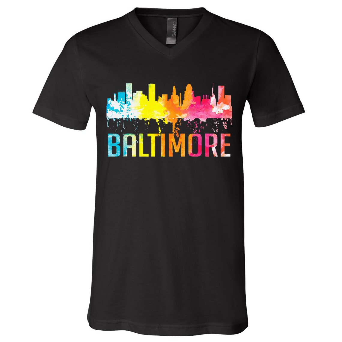 Baltimore Maryland Retro Watercolor Skyline Art Souvenir V-Neck T-Shirt