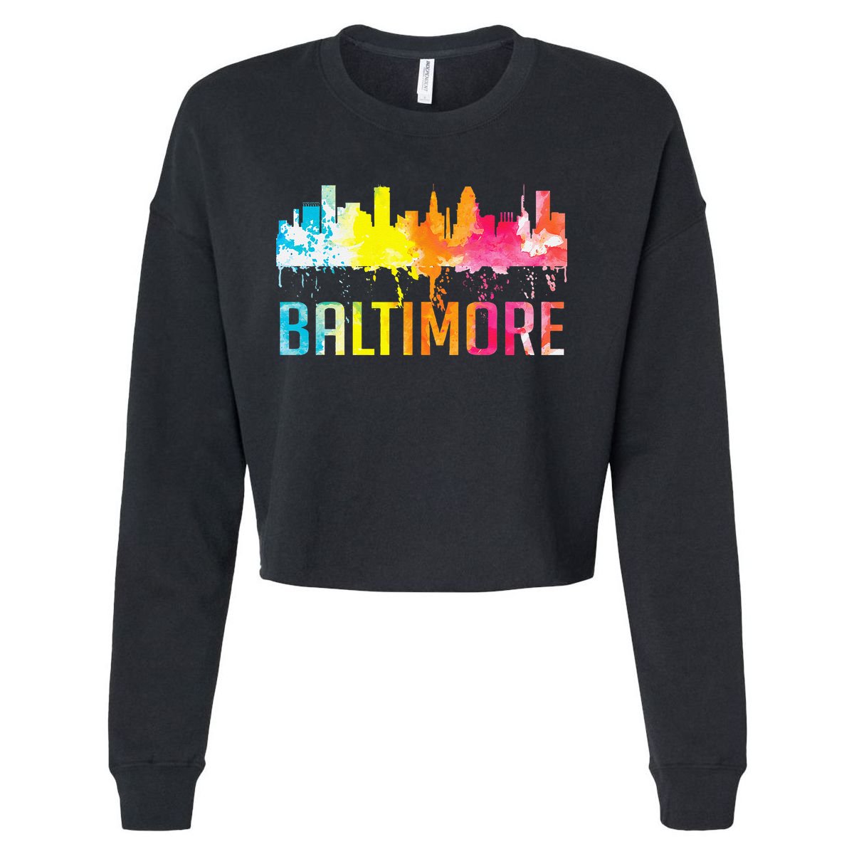 Baltimore Maryland Retro Watercolor Skyline Art Souvenir Cropped Pullover Crew
