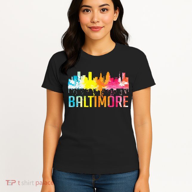 Baltimore Maryland Retro Watercolor Skyline Art Souvenir Womens T-Shirt