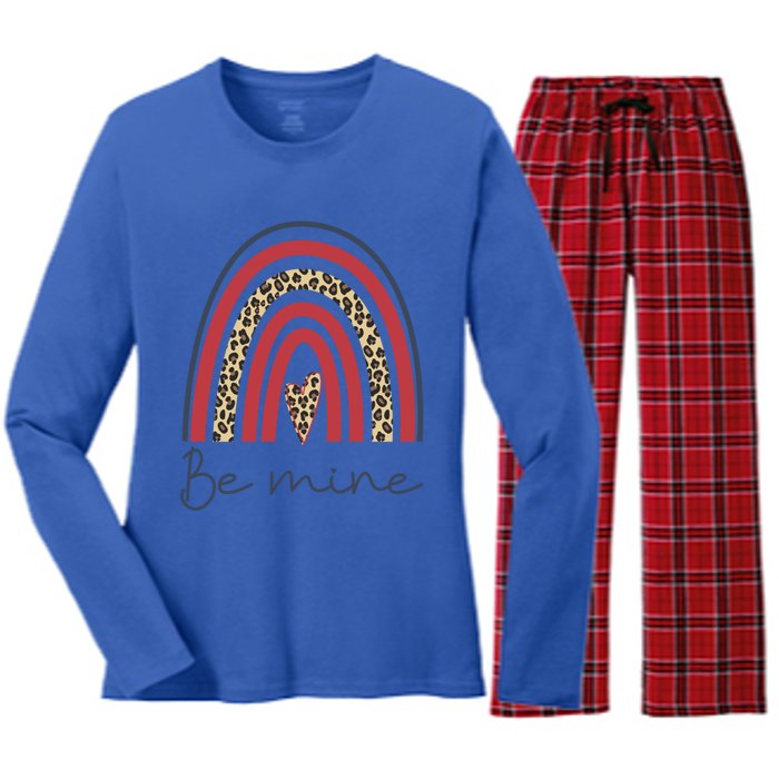 Be Mine Rainbow Valentines Day And Leopard Print Gift Women's Long Sleeve Flannel Pajama Set 