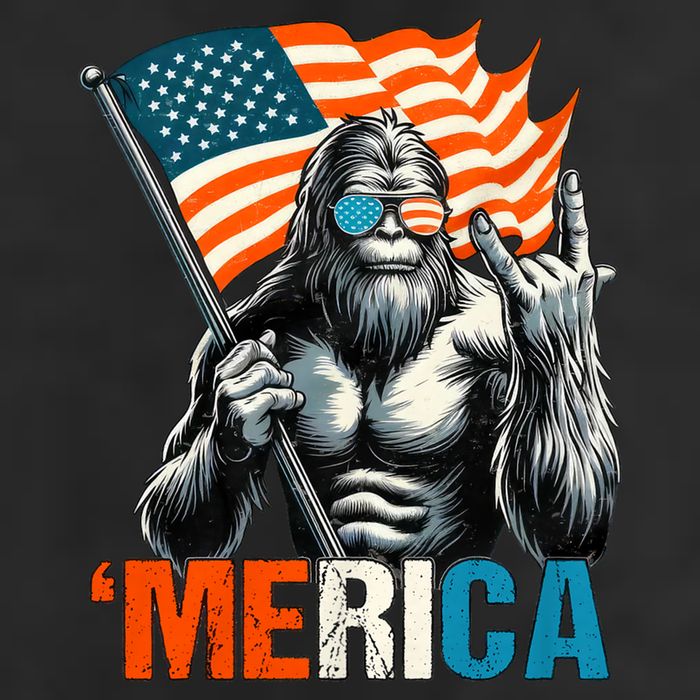 Bigfoot Merica Rock American Flag Patriotic 4th Of July 7 Panel Mesh Trucker Snapback Hat