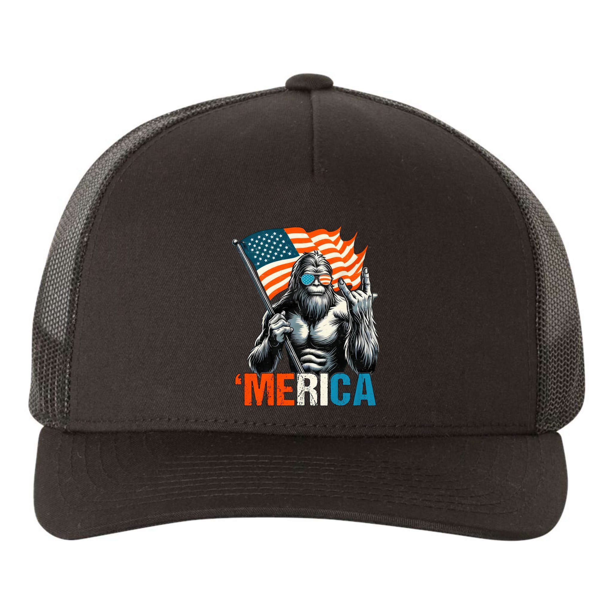 Bigfoot Merica Rock American Flag Patriotic 4th Of July Yupoong Adult 5-Panel Trucker Hat