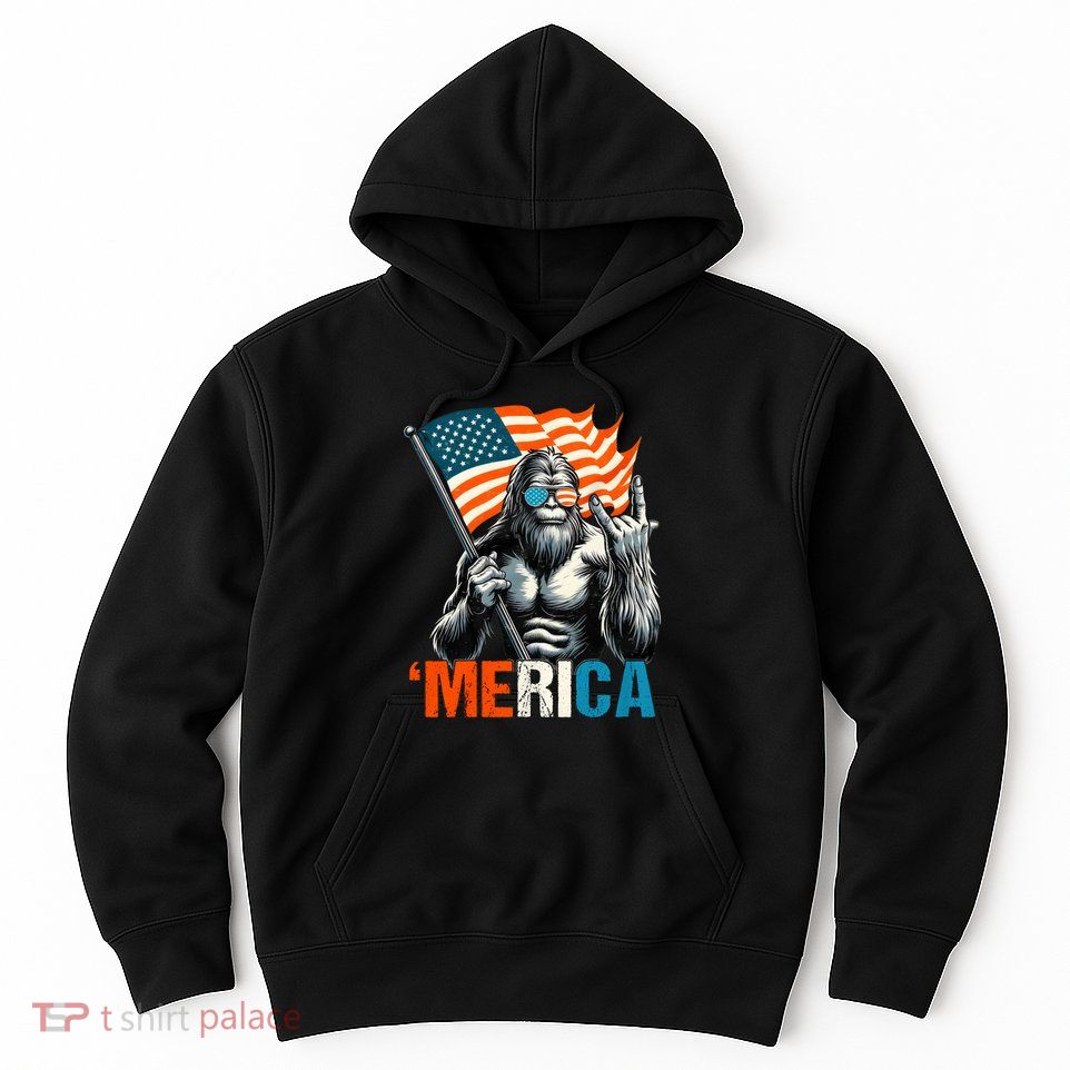 Bigfoot Merica Rock American Flag Patriotic 4th Of July Hoodie