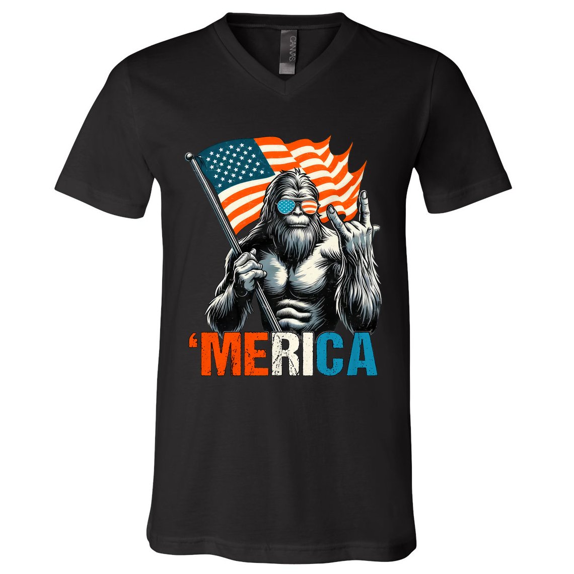 Bigfoot Merica Rock American Flag Patriotic 4th Of July V-Neck T-Shirt