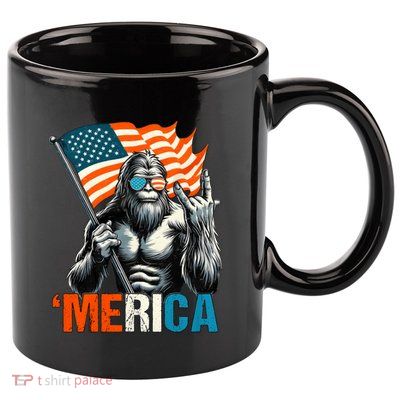 Bigfoot Merica Rock American Flag Patriotic 4th Of July 11oz C Handle Ceramic Mug