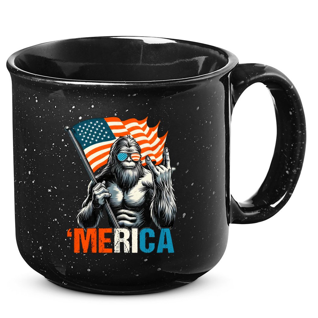 Bigfoot Merica Rock American Flag Patriotic 4th Of July 15oz Campfire Ceramic Mug