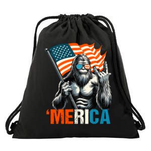 Bigfoot Merica Rock American Flag Patriotic 4th Of July Drawstring Bag