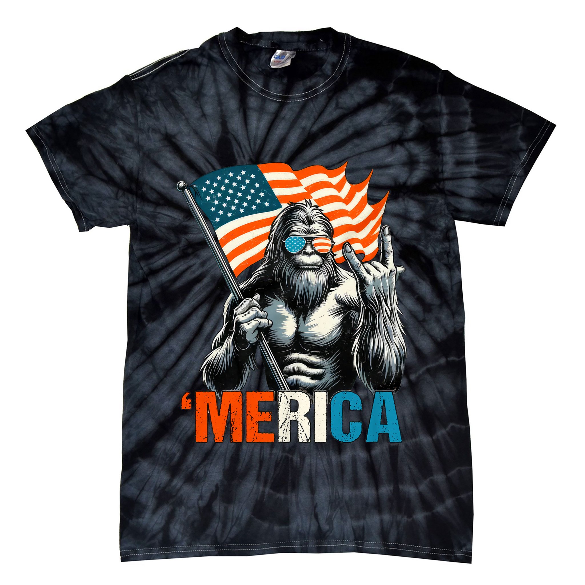 Bigfoot Merica Rock American Flag Patriotic 4th Of July Tie-Dye T-Shirt
