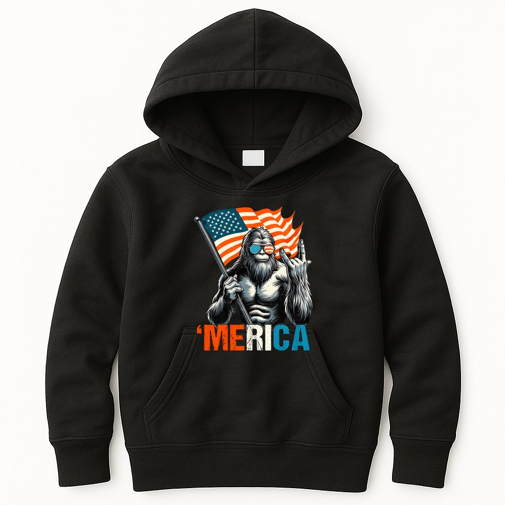 Bigfoot Merica Rock American Flag Patriotic 4th Of July Kids Hoodie