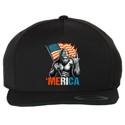 Bigfoot Merica Rock American Flag Patriotic 4th Of July Wool Snapback Cap