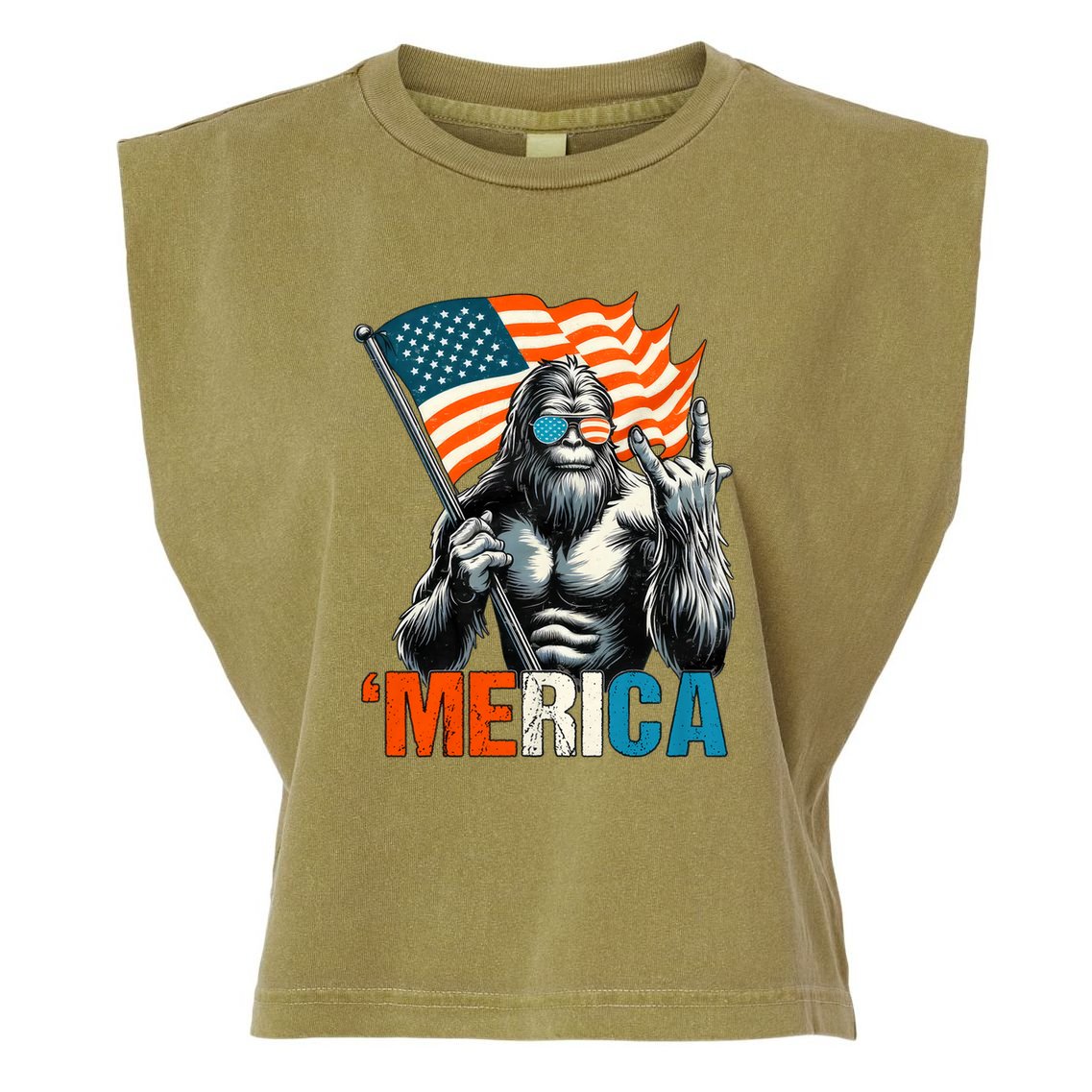 Bigfoot Merica Rock American Flag Patriotic 4th Of July Garment-Dyed Women's Muscle Tee