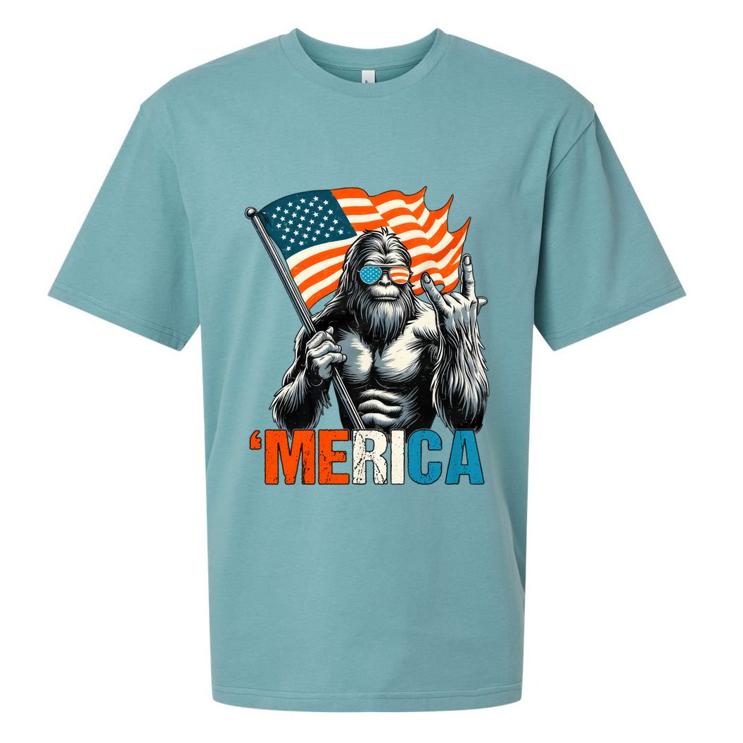 Bigfoot Merica Rock American Flag Patriotic 4th Of July Sueded Cloud Jersey T-Shirt