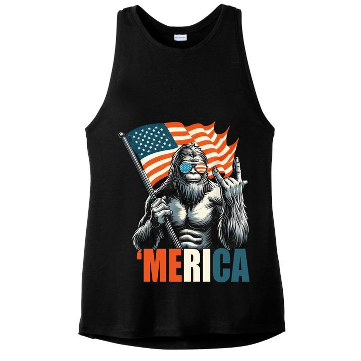 Bigfoot Merica Rock American Flag Patriotic 4th Of July Ladies PosiCharge Tri-Blend Wicking Tank